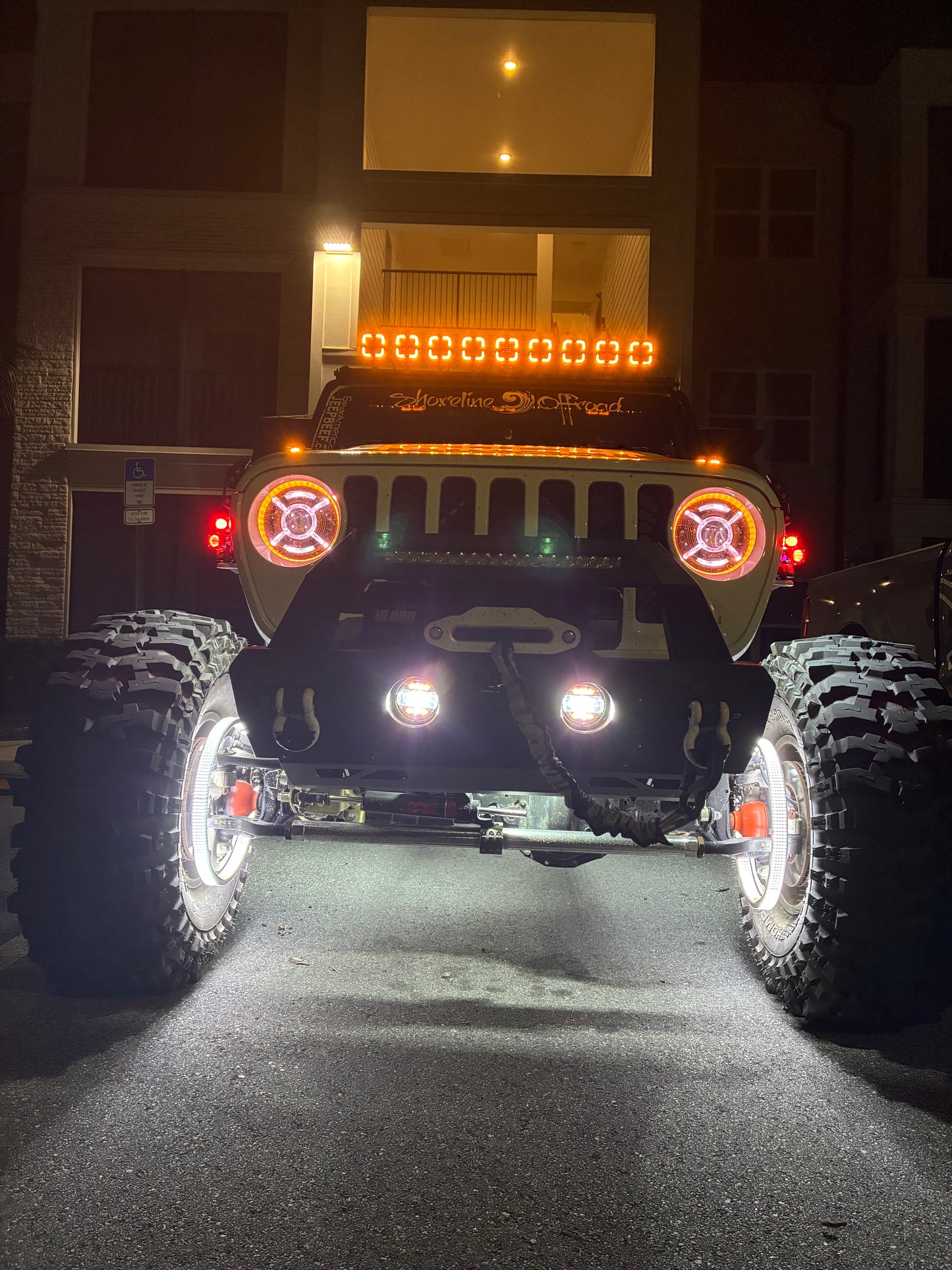 Shoreline Offroad Pro Series 1” Driving Light Pod Lights glowing brightly in a night scene, providing maximum visibility for safe off-road explorations.