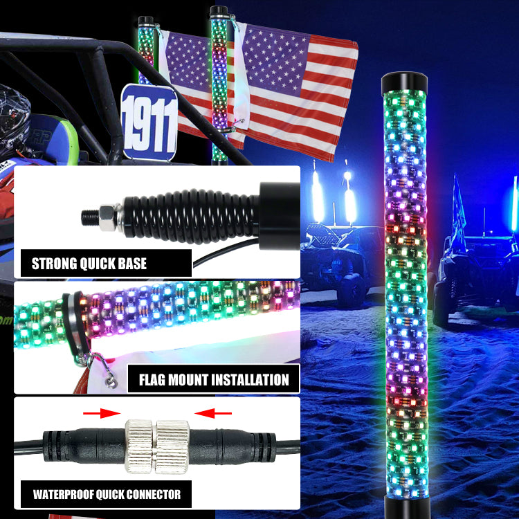3FT Thick RGB LED Whip Lights Spiral Chasing For Can Am Polaris RZR UTV ATV – JMTBNO