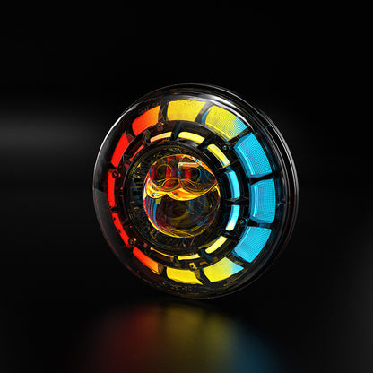 Close-up of Shoreline Offroad Pro Series LED 7” JK RGB Headlights demonstrating the high-quality construction and design. Perfect 7” pod light for Jeep JK, providing Bright white light and outstanding visibility, ideal for lighting accessories.
