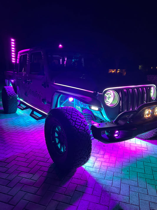 Illuminate your Jeep with the Shoreline Offroad Pro Series Custom Strip Lighting Hood Kit featuring vibrant RGBIC colors and customizable modes.