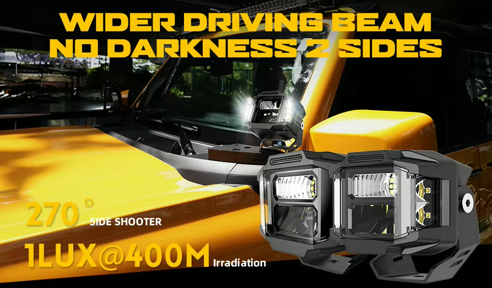 a yellow truck with the words wider driving beam no darkness sides