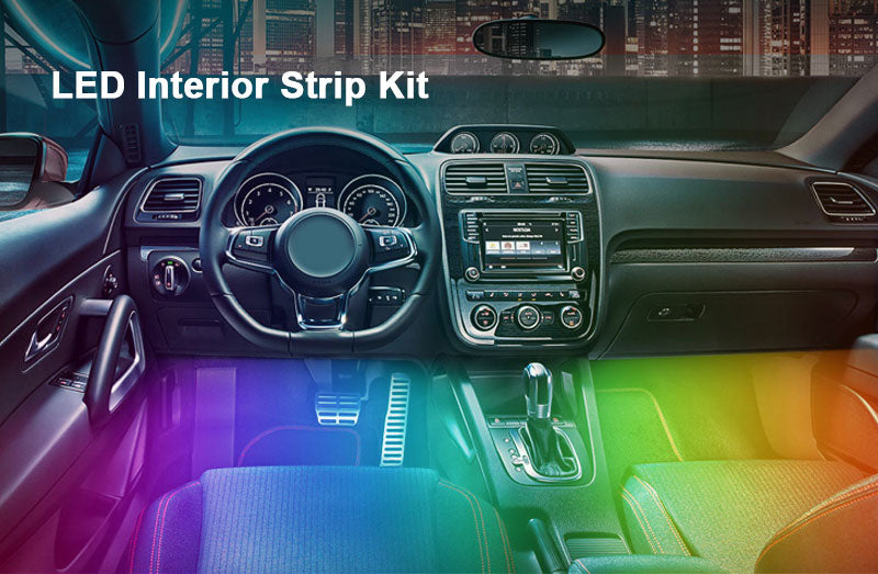 the interior of a car with a rainbow dash light