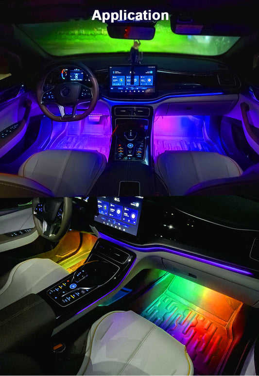 the interior of a car with different colored lights