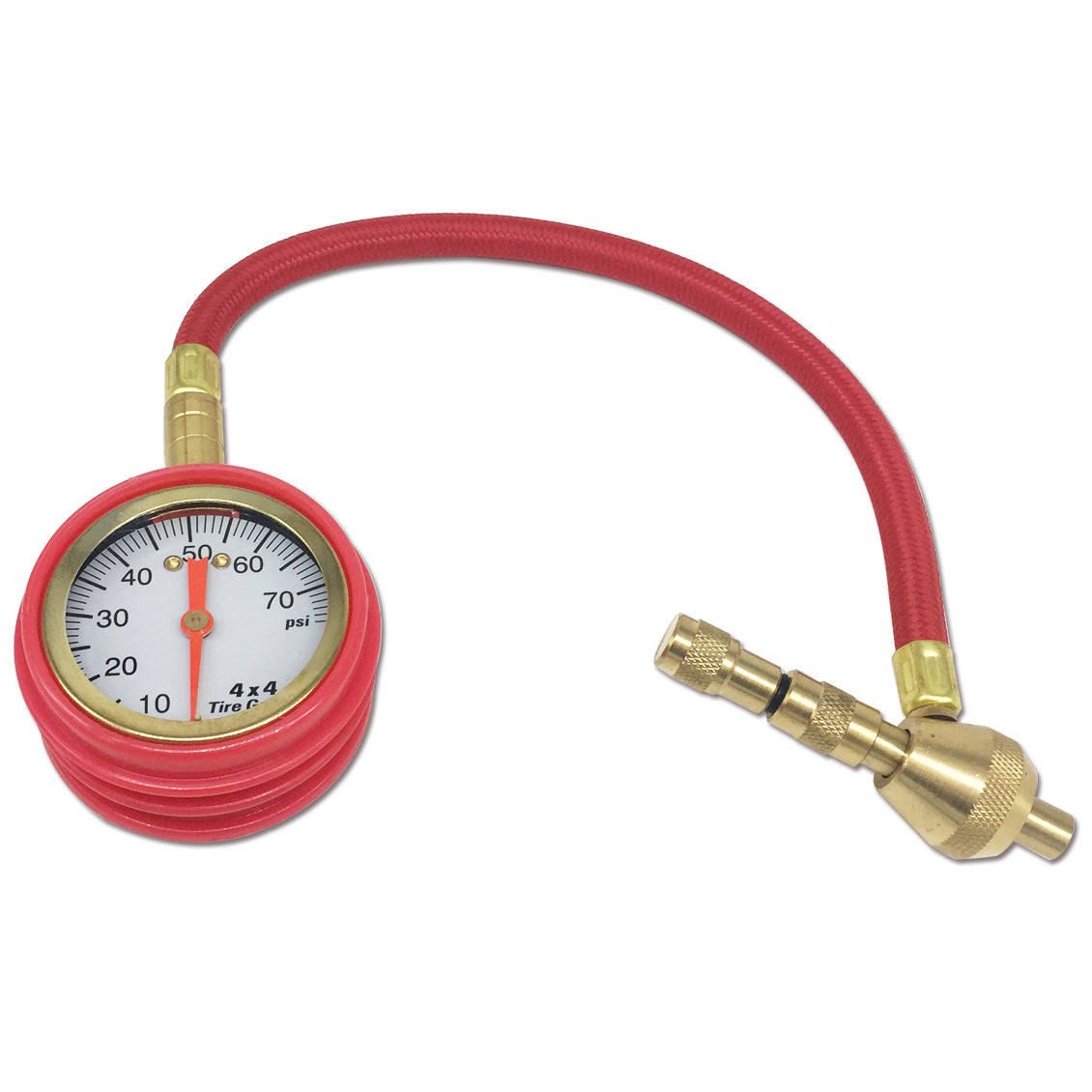 a red pressure gauge with a red hose connected to it