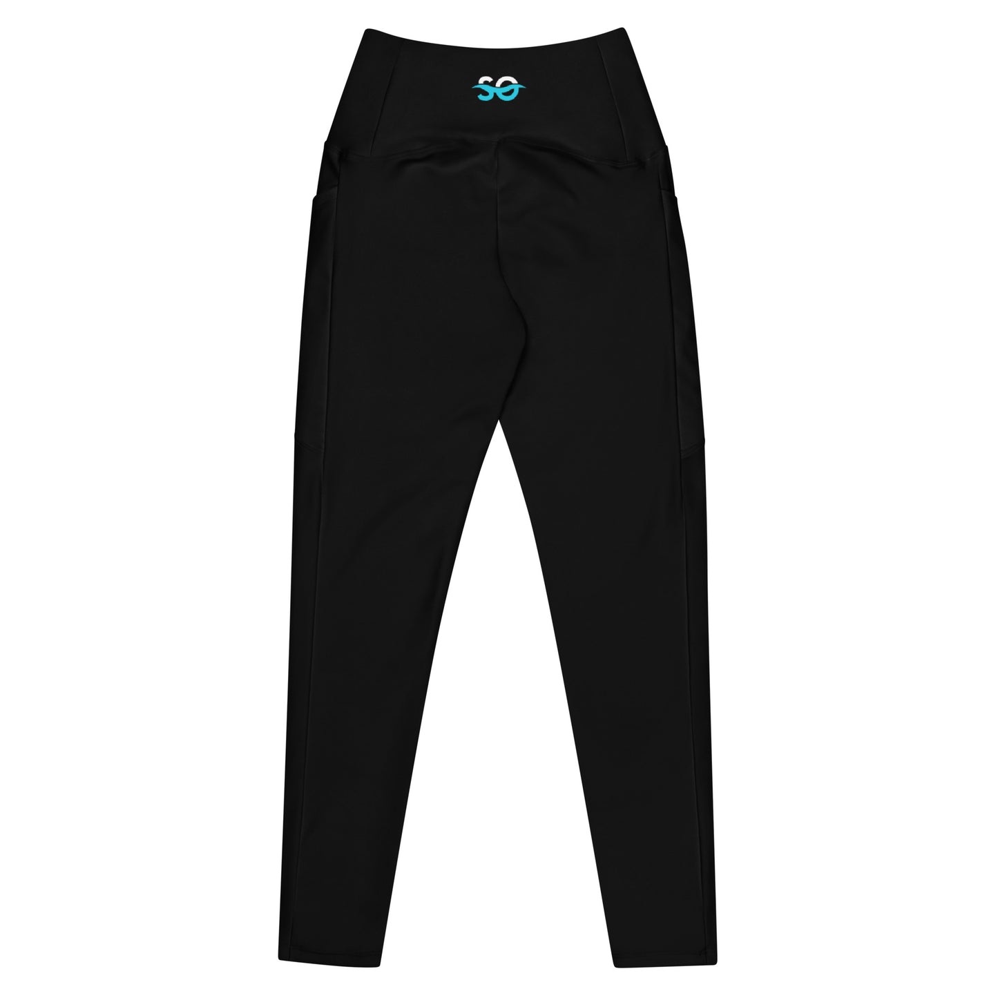 a pair of black pants with a blue logo on the side