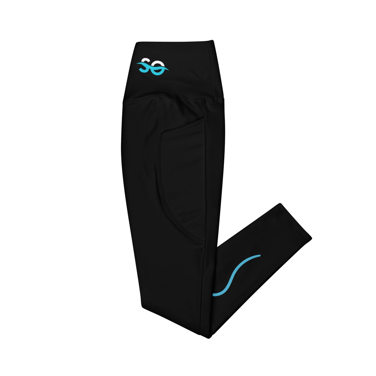 a pair of black pants with a blue logo on the side