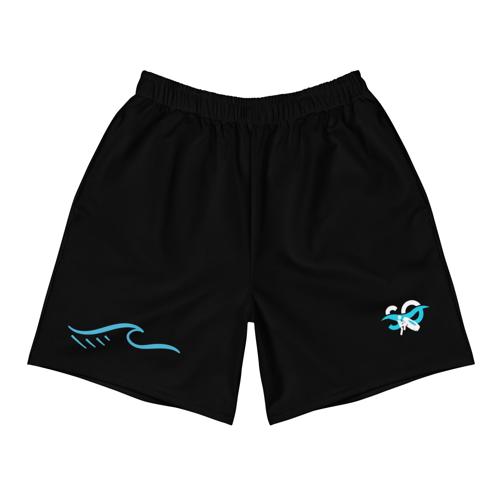 a black shorts with a blue and white logo on it