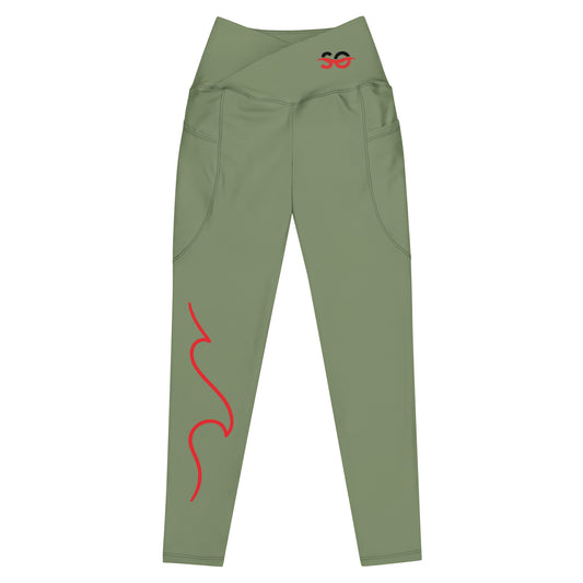 a pair of green pants with red letters on the side