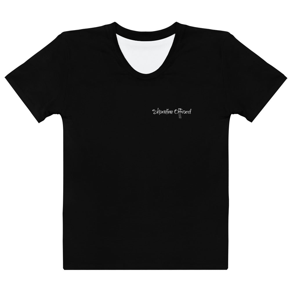 a black t - shirt with a white logo on the chest