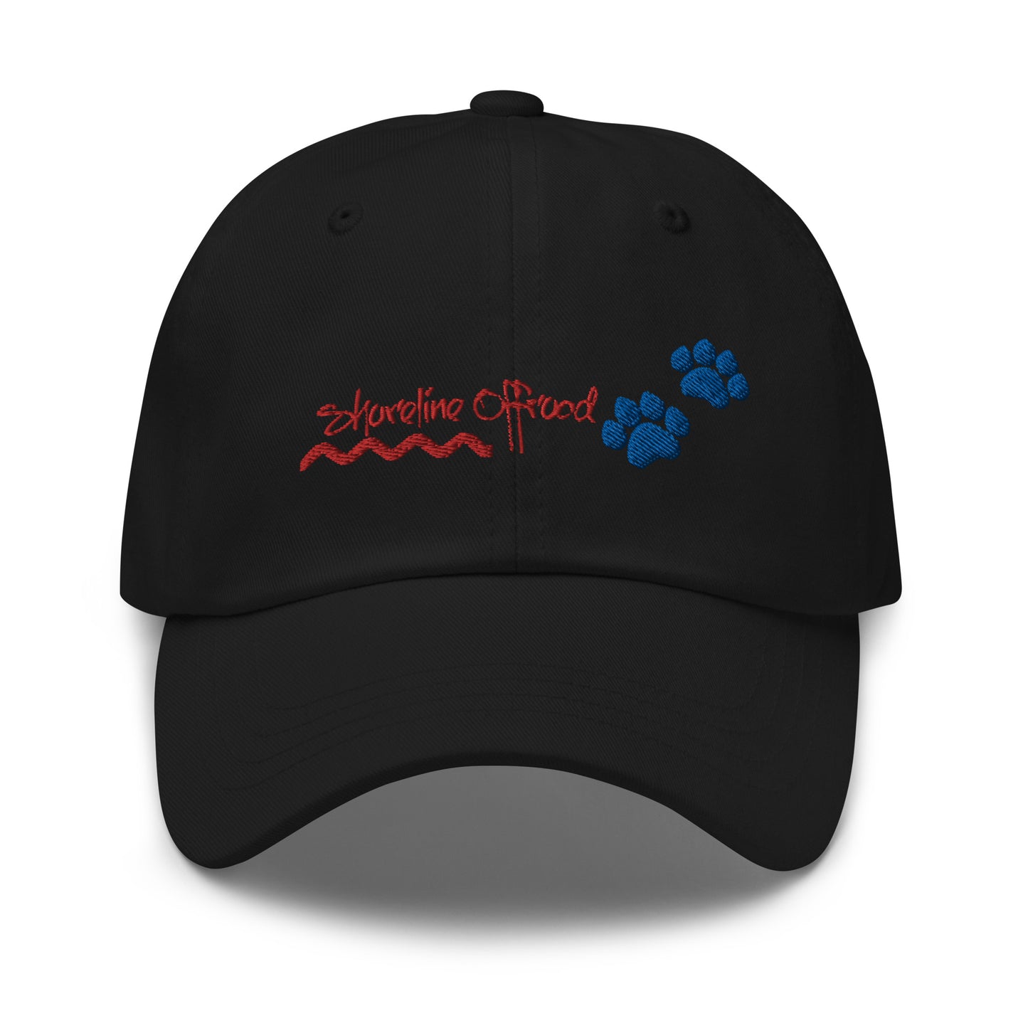 a black hat with a blue and red paw on it