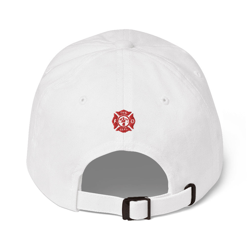 a white hat with a red fire department emblem