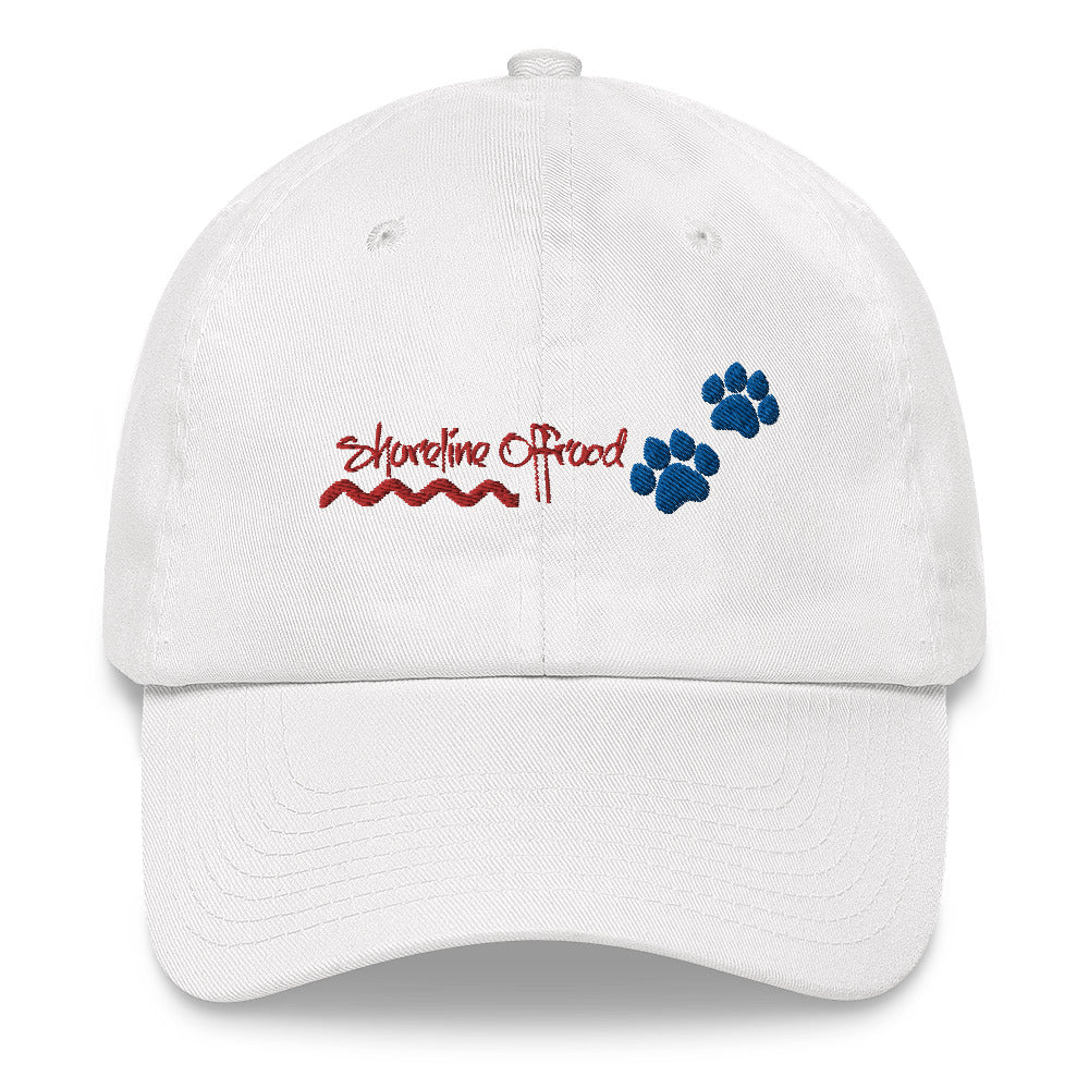 a white hat with a blue and red paw print