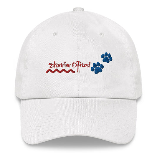 a white hat with a blue and red paw print