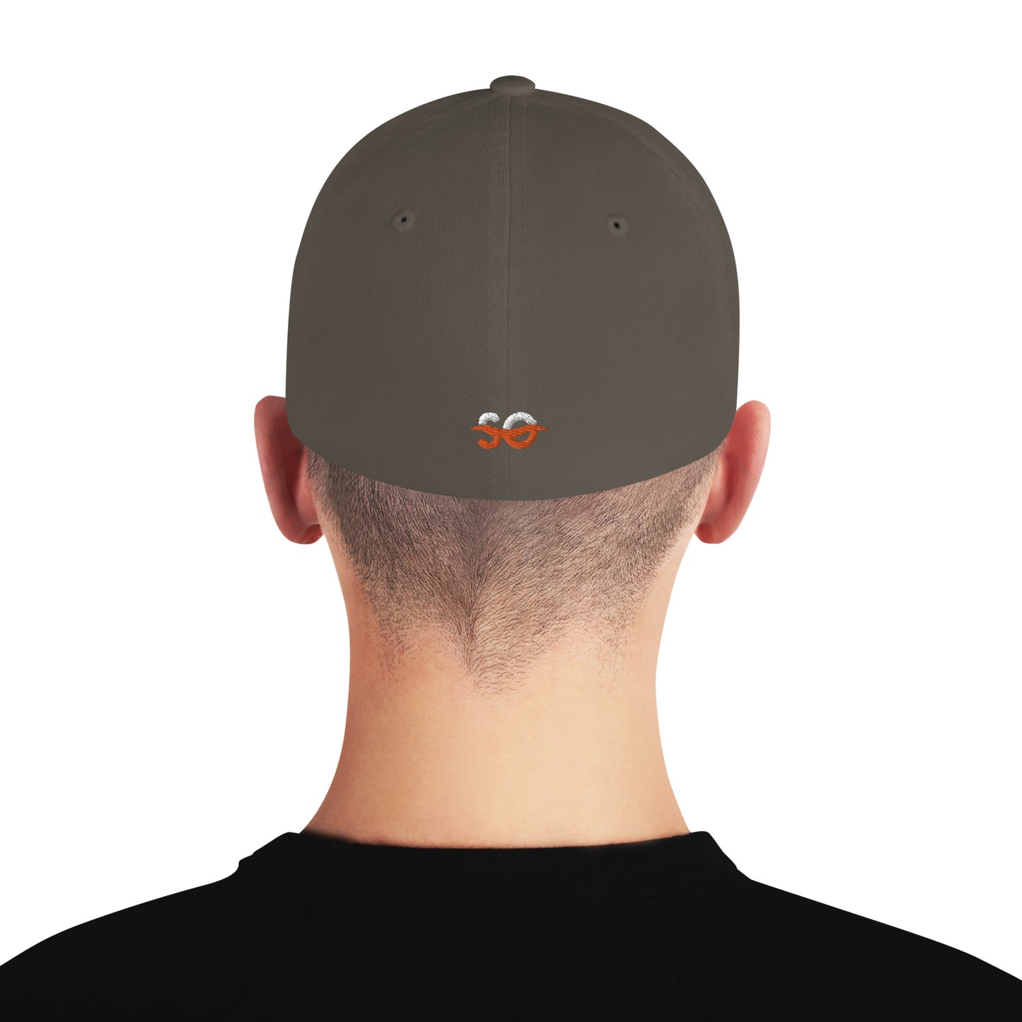 the back of a man's head wearing a grey hat with an orange fish