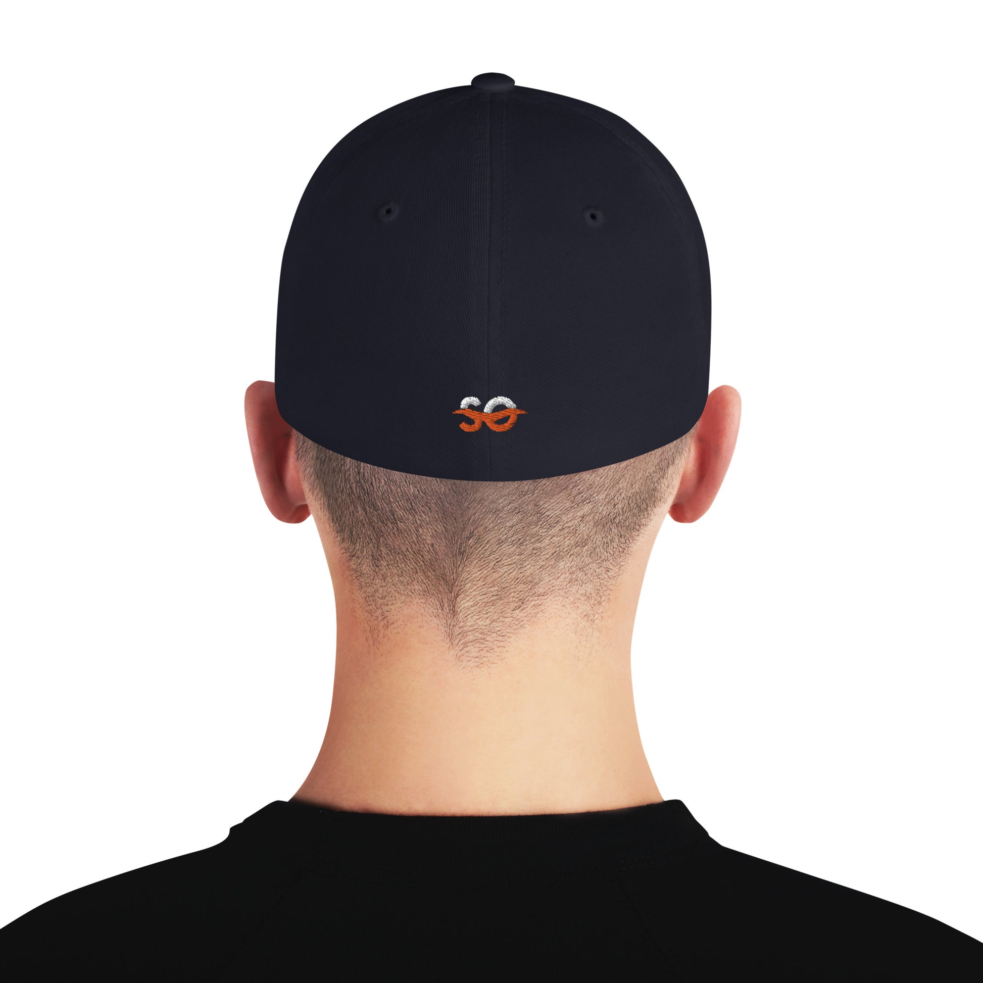 the back of a man's head wearing a black hat with an orange logo