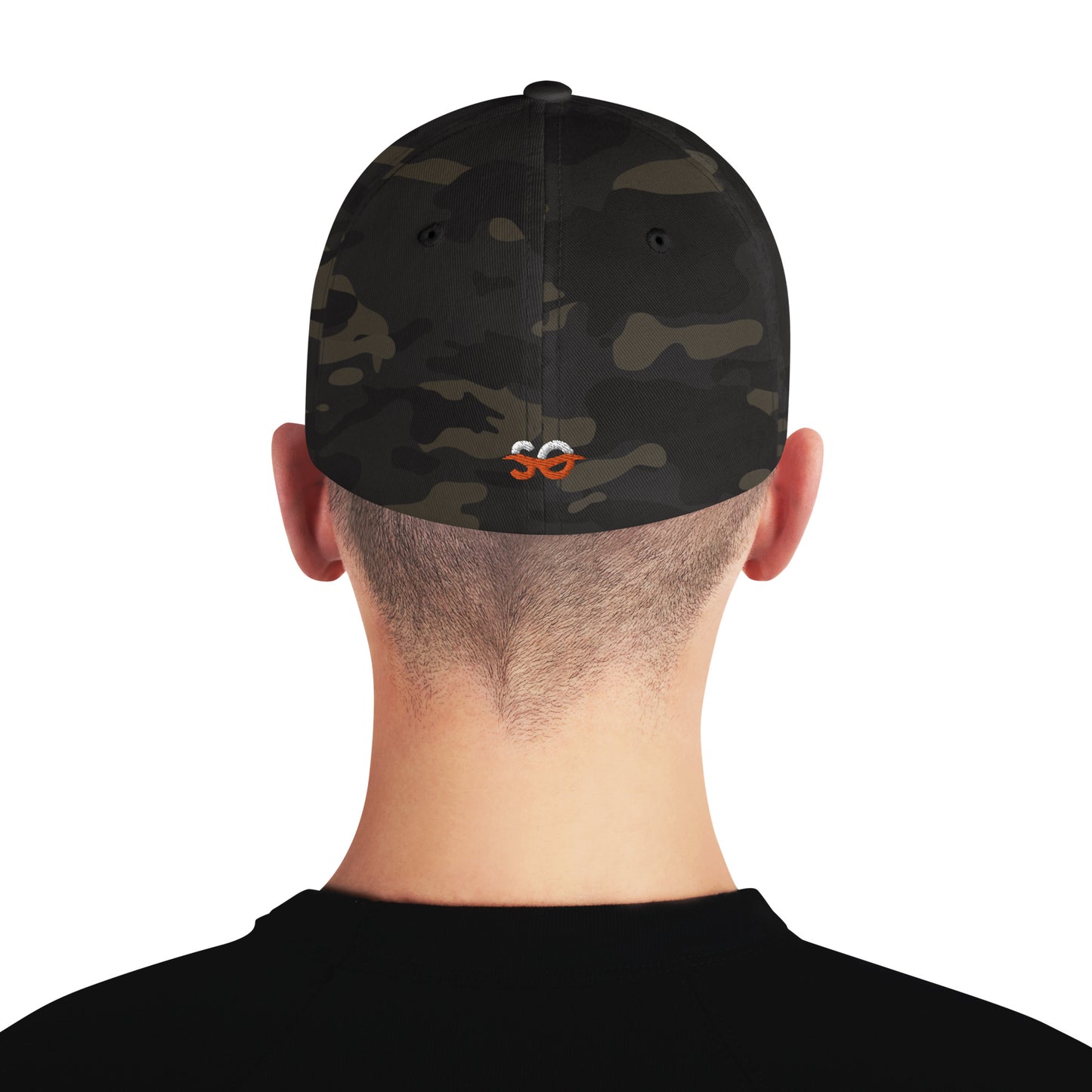 a man wearing a black hat with an orange fish embroidered on it