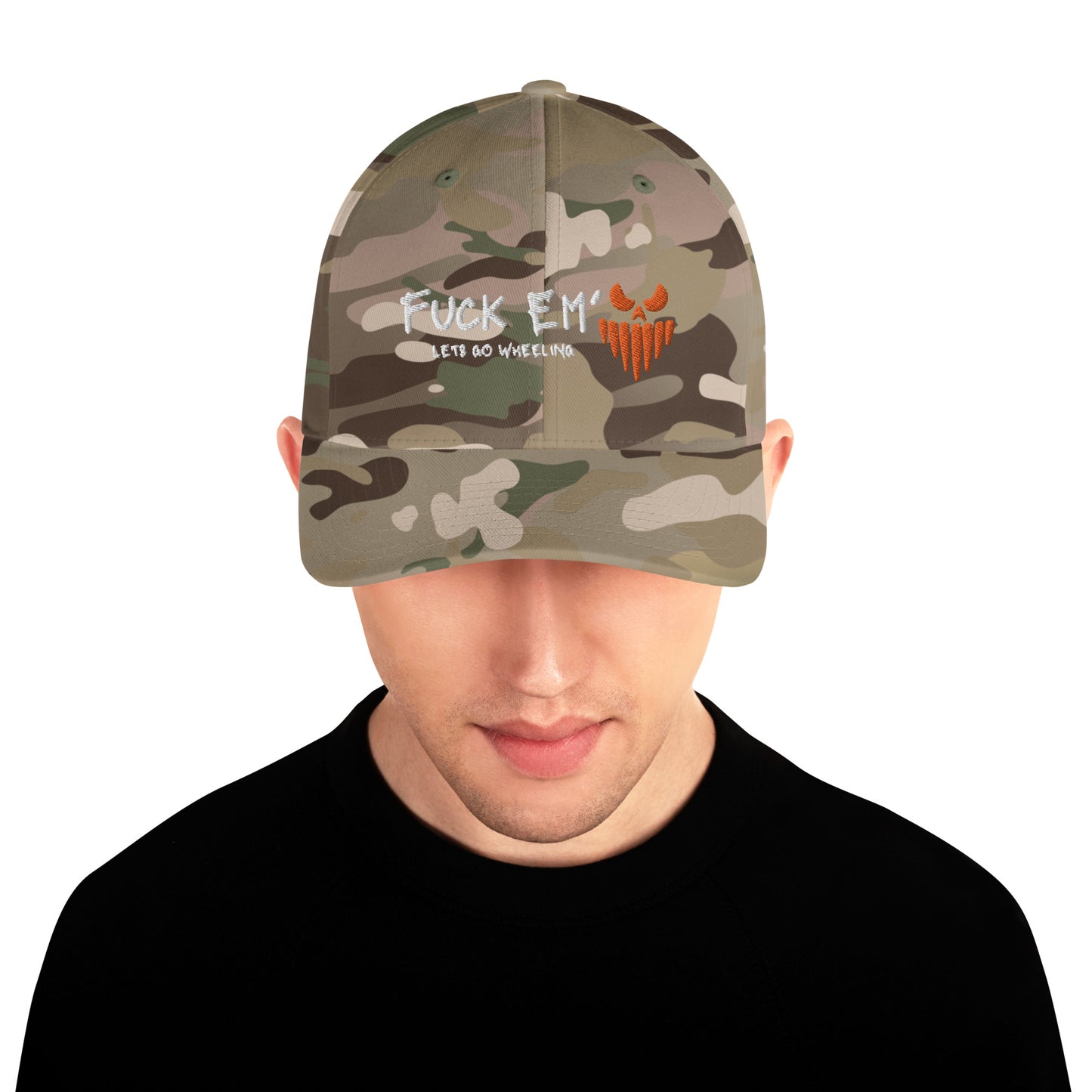 a man wearing a camo hat with a cupcake on it