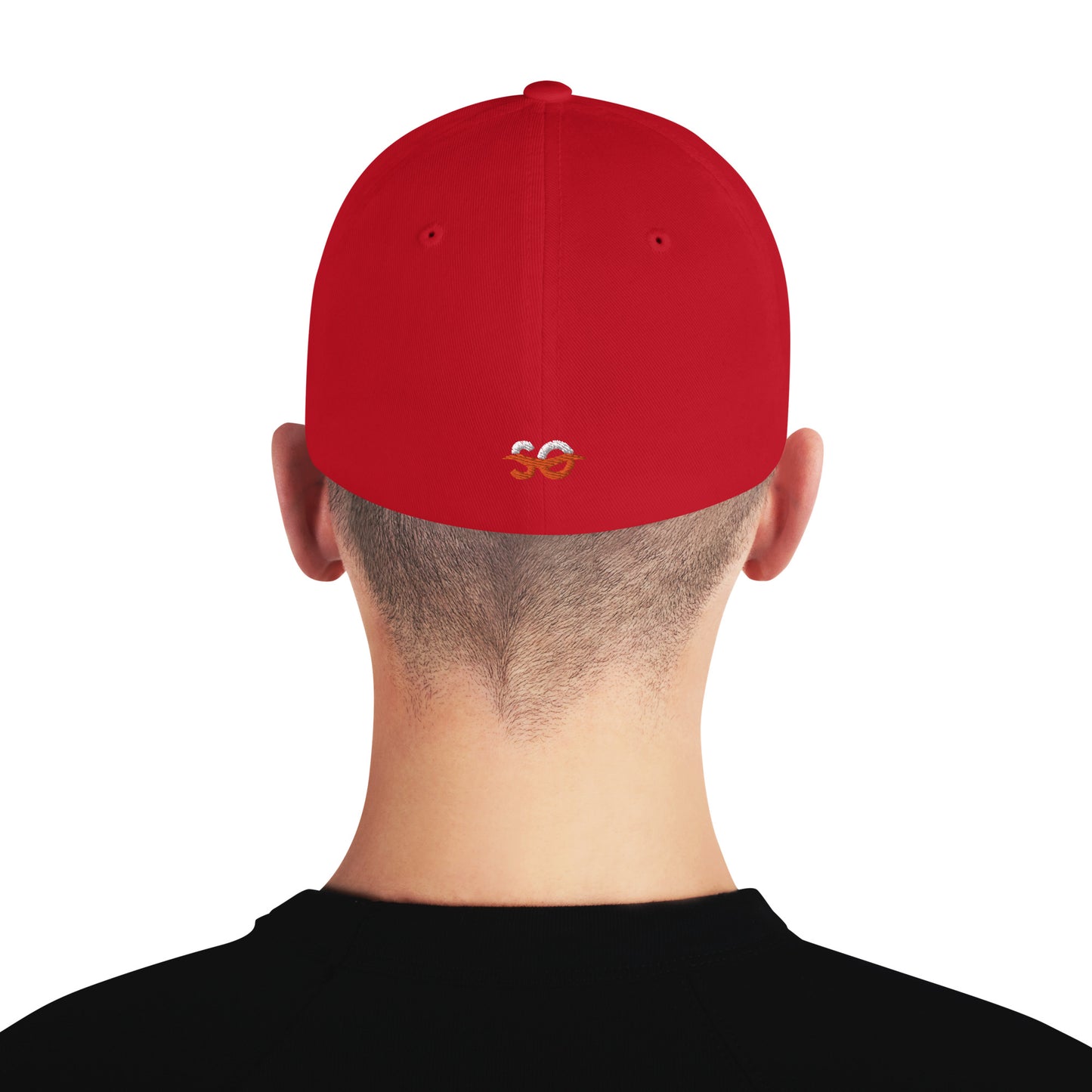 a man wearing a red hat with a gold logo