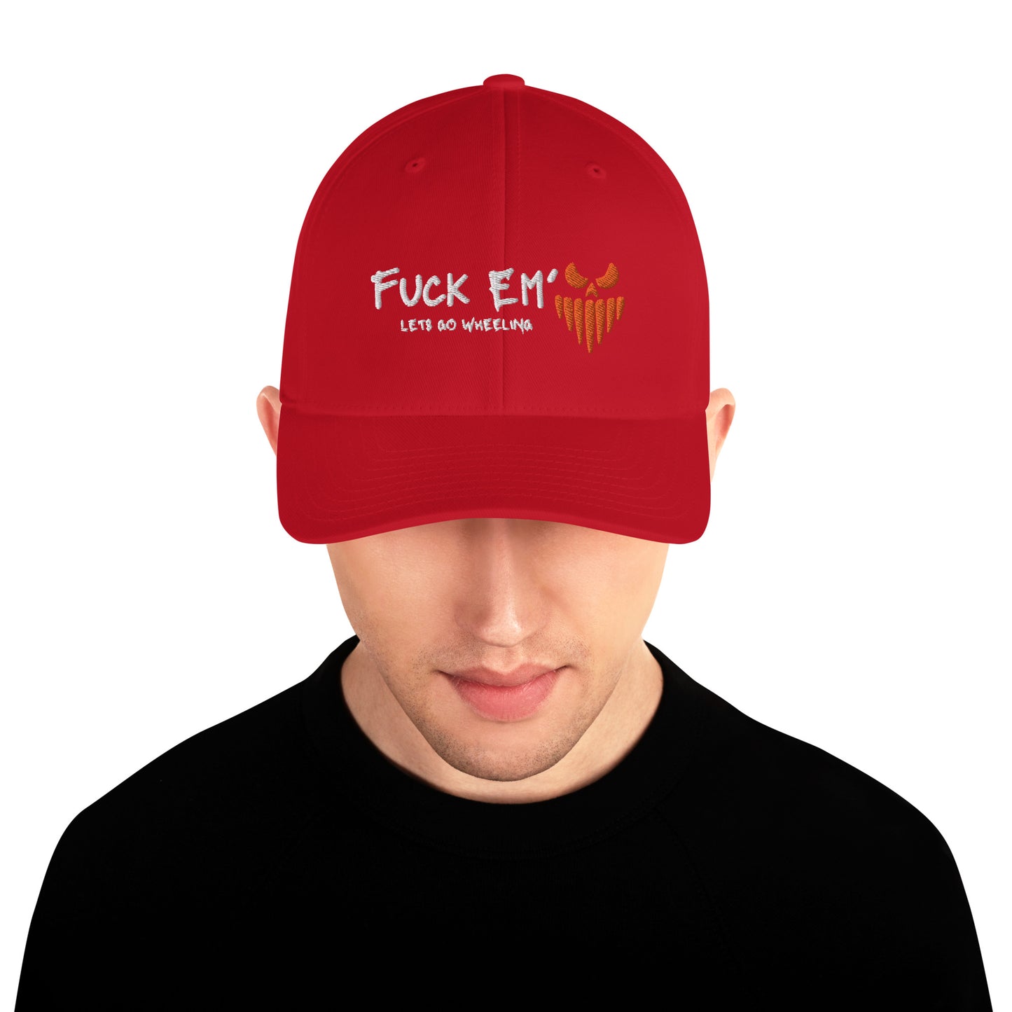 a man wearing a red trucker hat with the words truck em on it