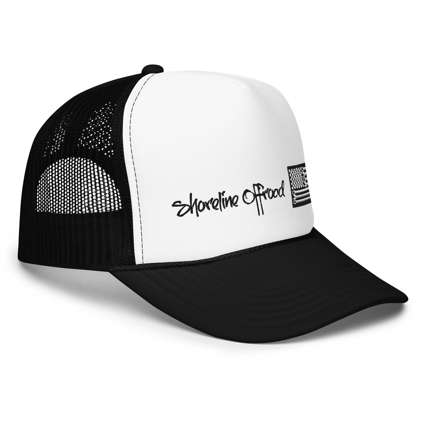 a black and white trucker hat with a black and white logo