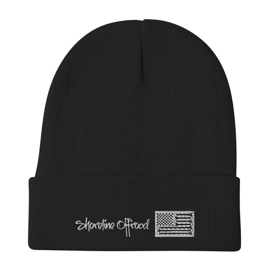 a black beanie with the american flag on it