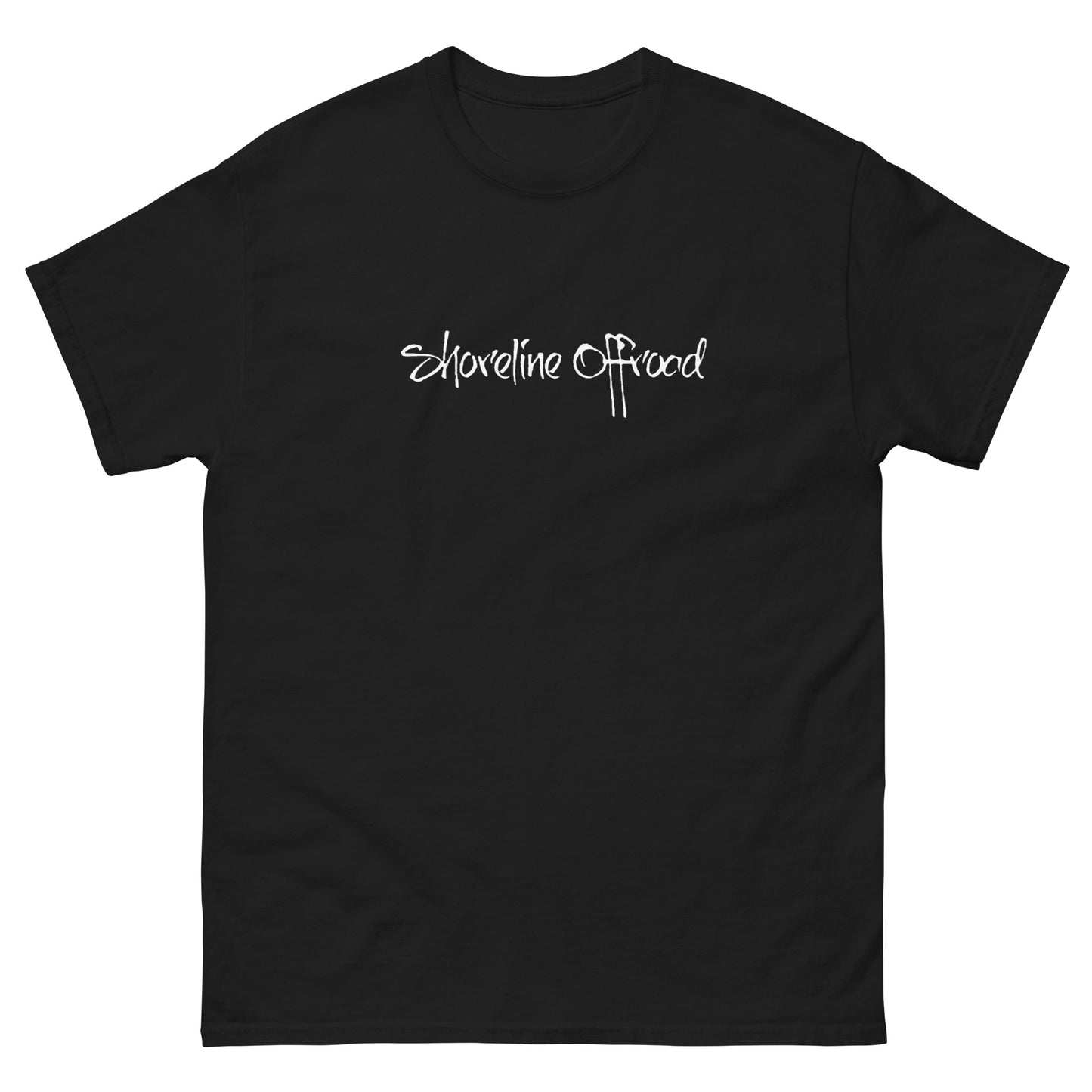 a black t - shirt with the words shoreline beach on it