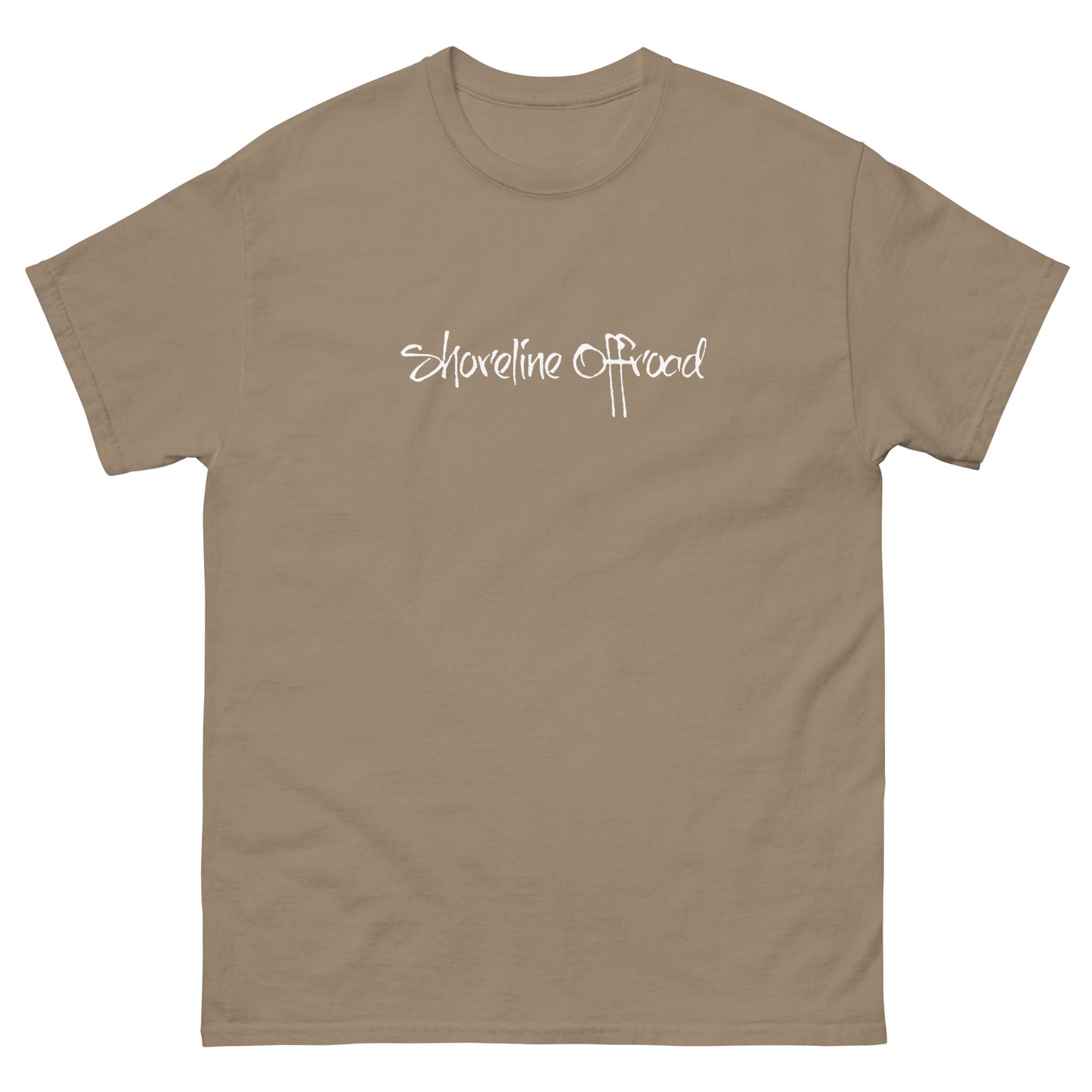 a tan t - shirt with the words shoreline spread on it