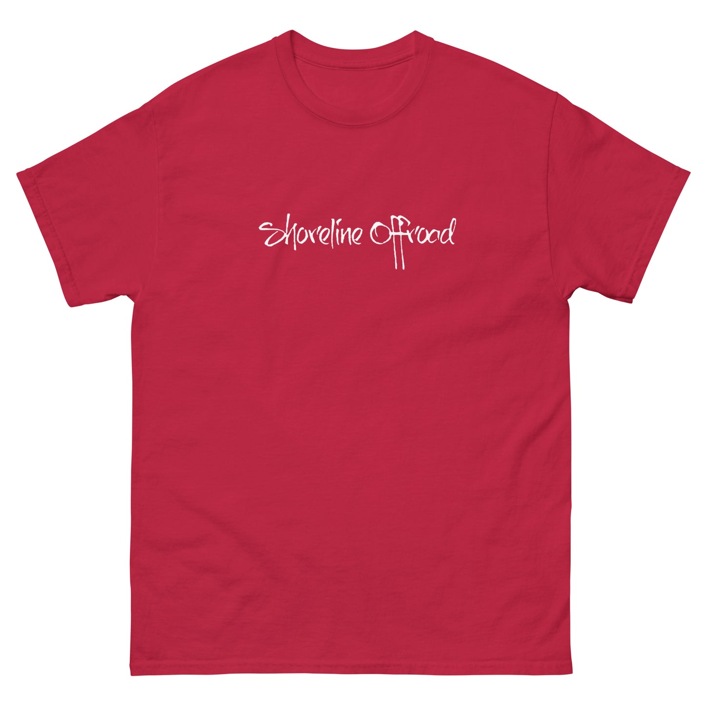 a red t - shirt with the words shoreline road on it