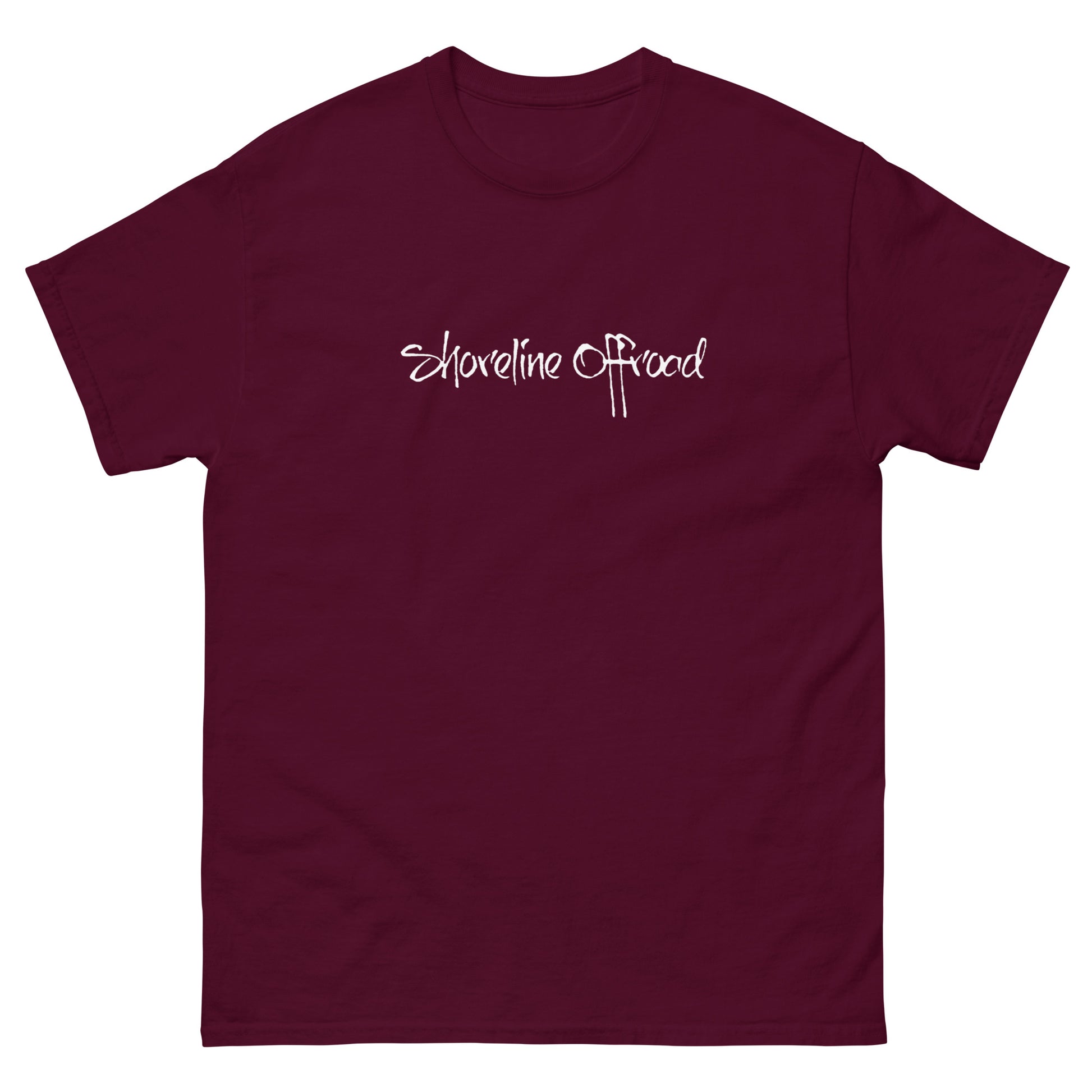 a maroon t - shirt with the words shoreline road printed on it