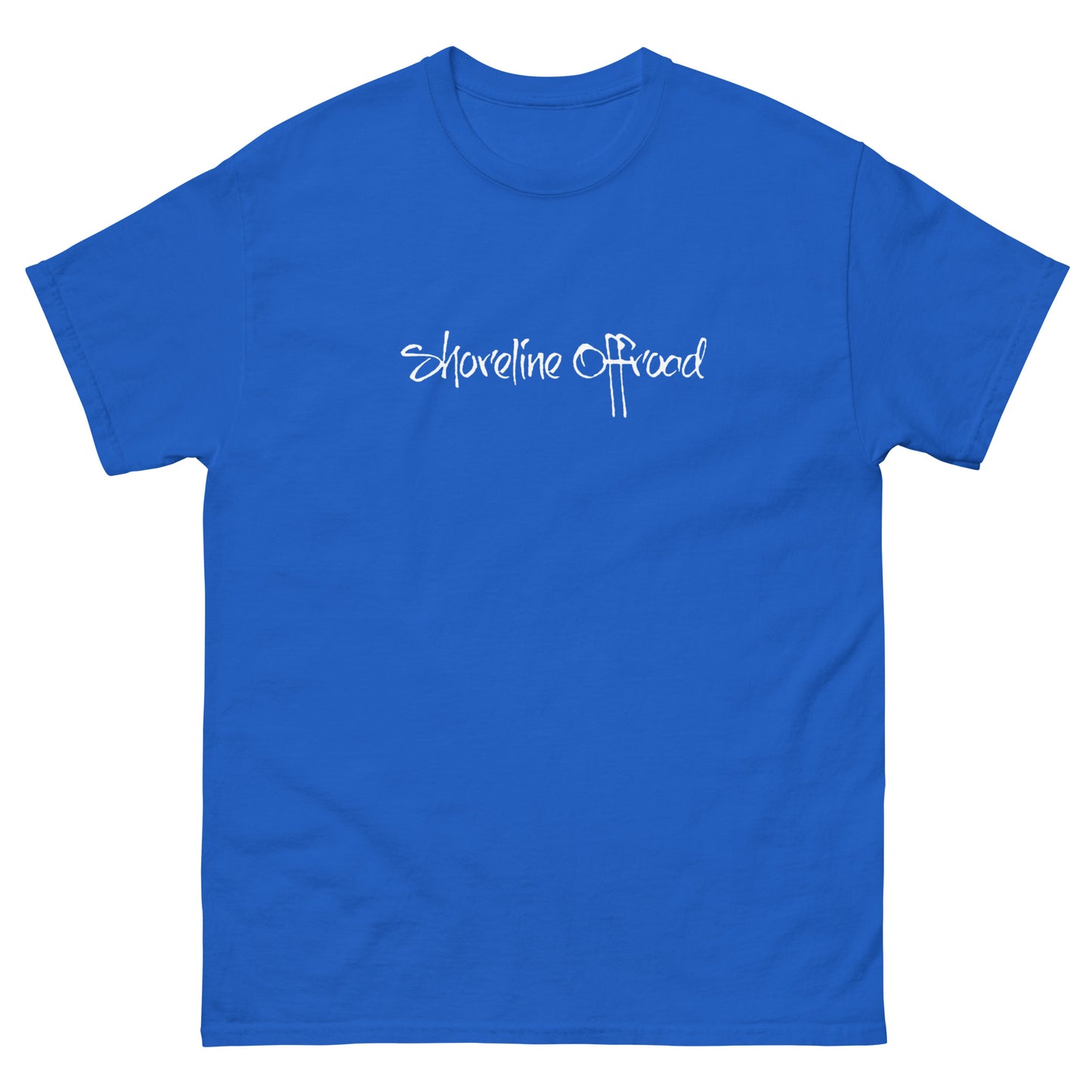 a blue t - shirt with the words shoreline road on it