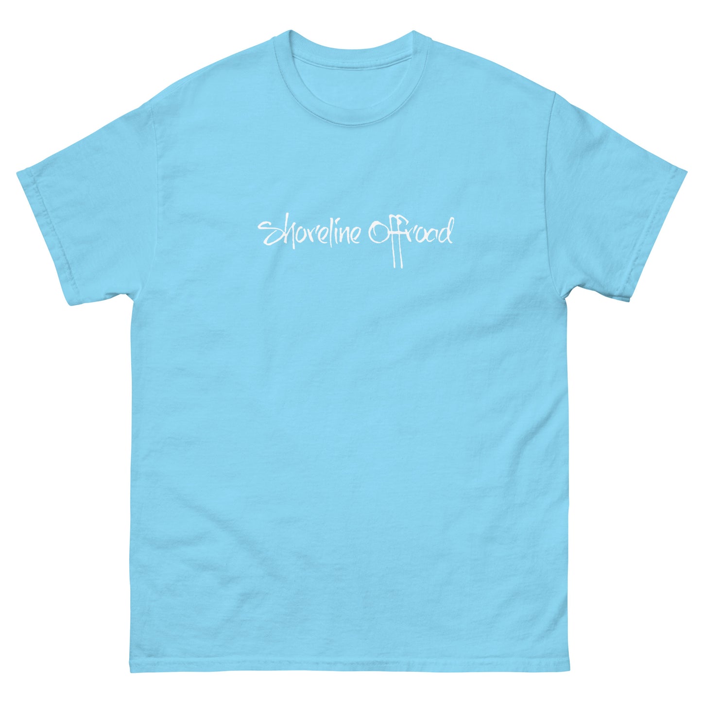 a light blue t - shirt with the words shoreline spread on it