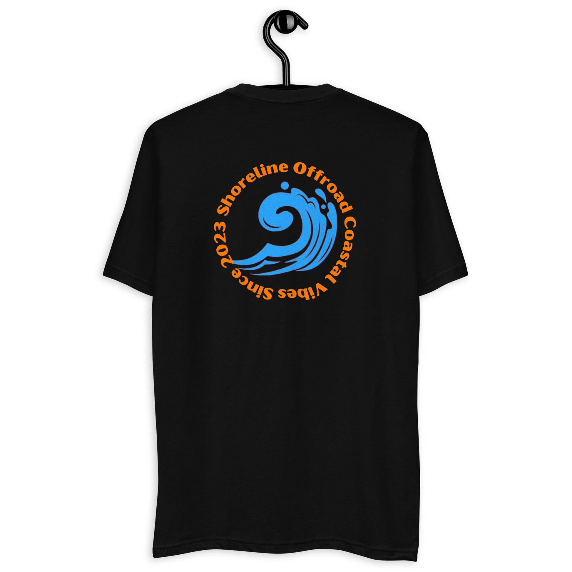 a black t - shirt with an orange and blue logo