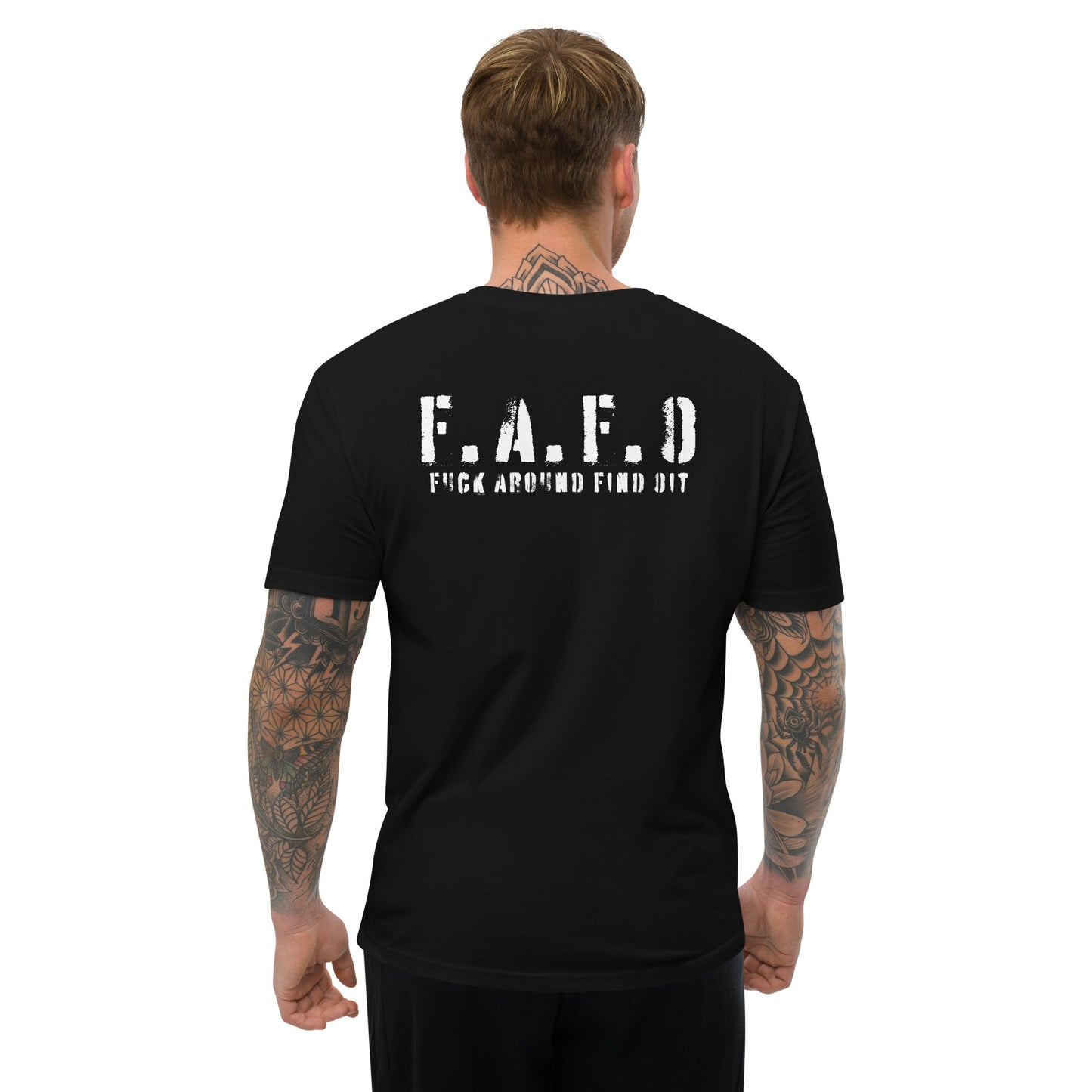 a man wearing a black t - shirt with the words f a d d printed