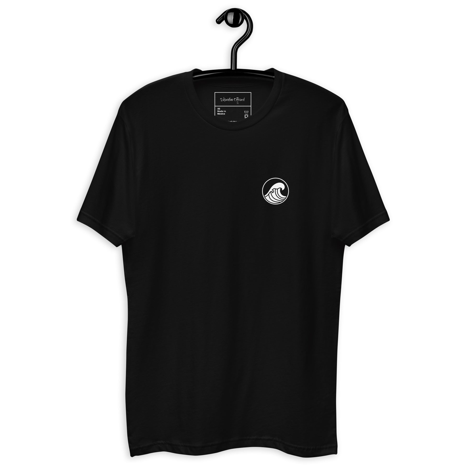 a black t - shirt with a white wave on it