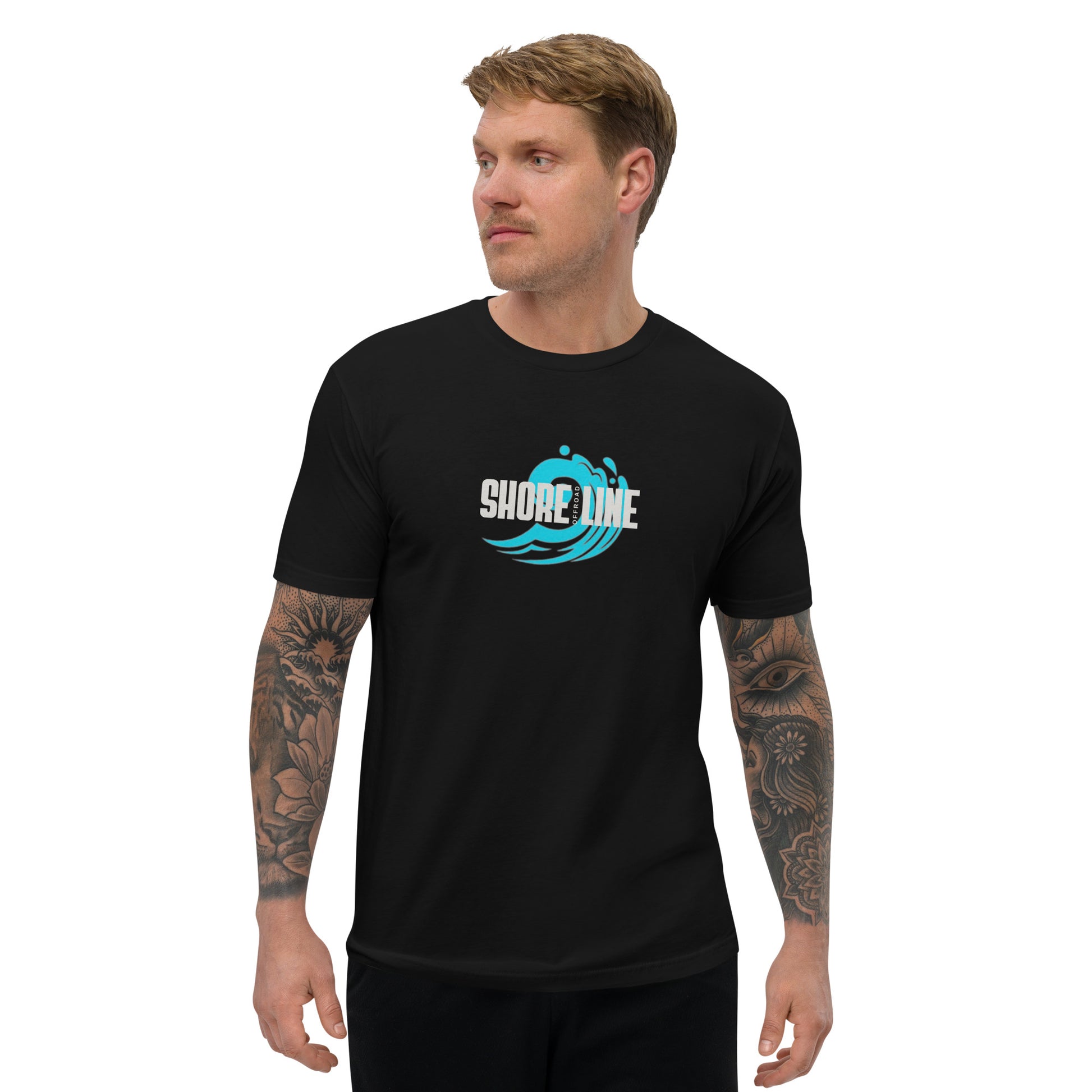 a man wearing a black shirt with a surf one logo on it