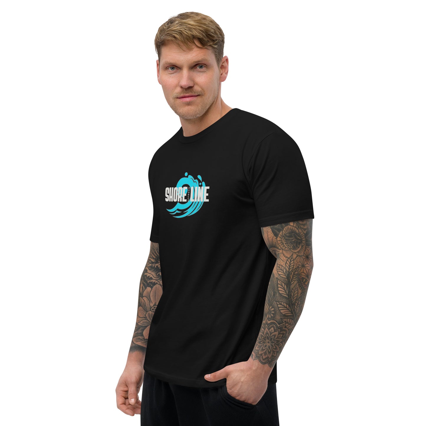 a man wearing a black t - shirt with the words surf zone on it