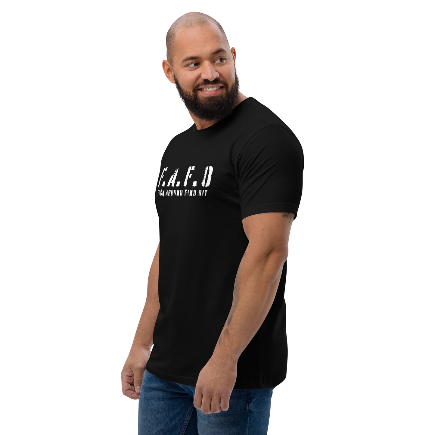 a man with a bald head wearing a black t - shirt