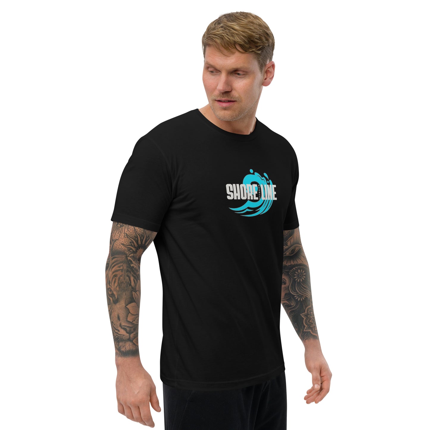 a man wearing a black shirt with the words surf on it