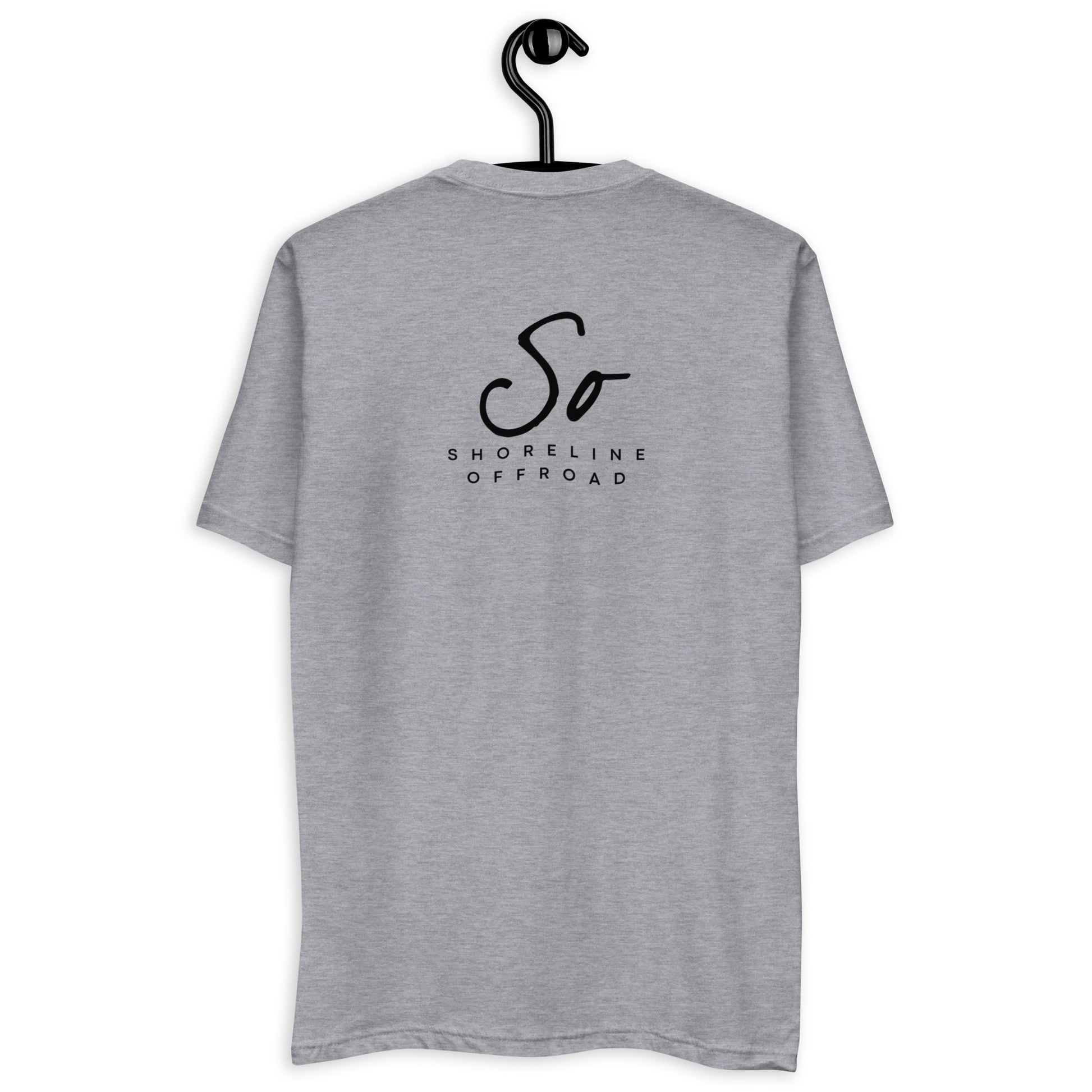 a grey t - shirt with a black and white logo