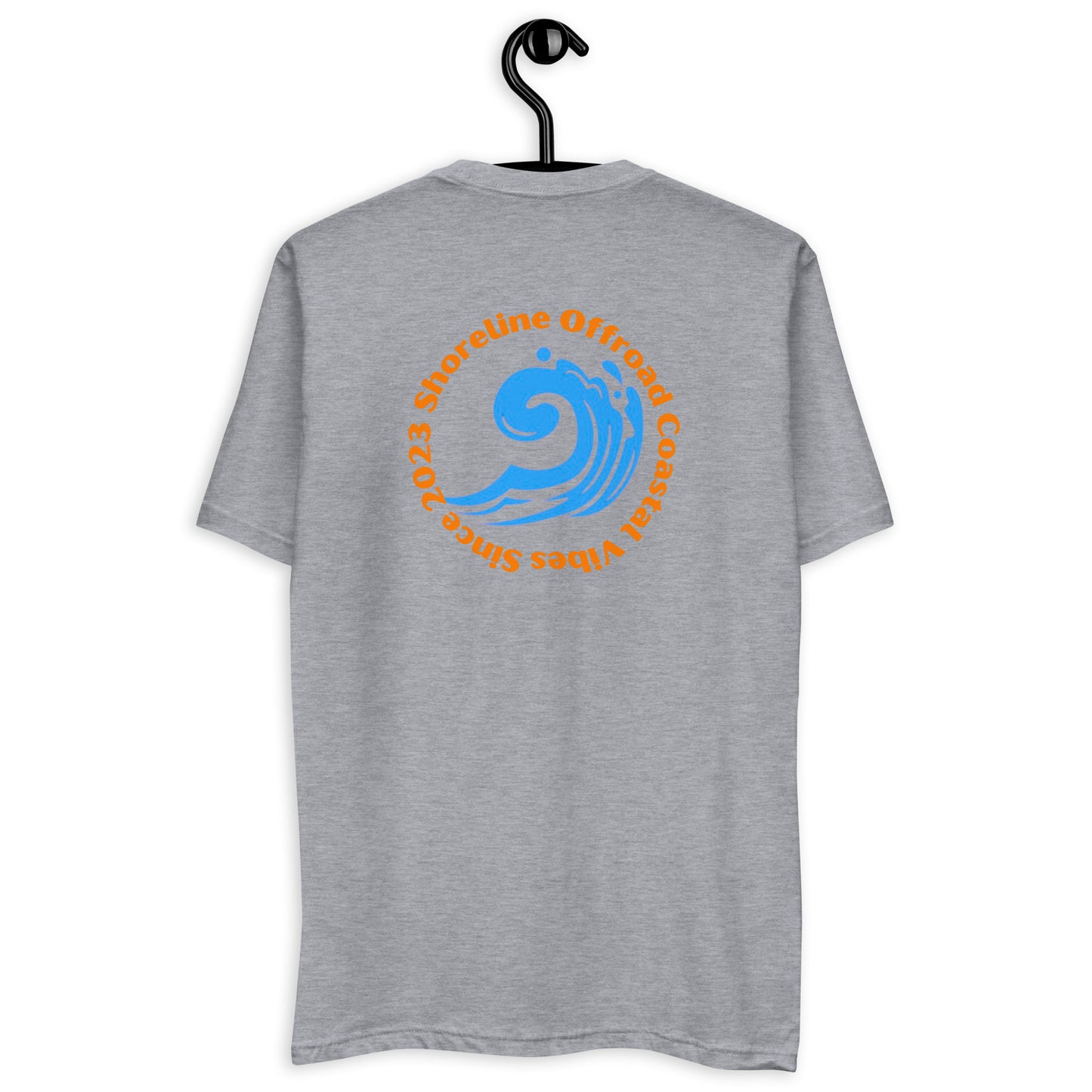 a grey t - shirt with an orange and blue logo