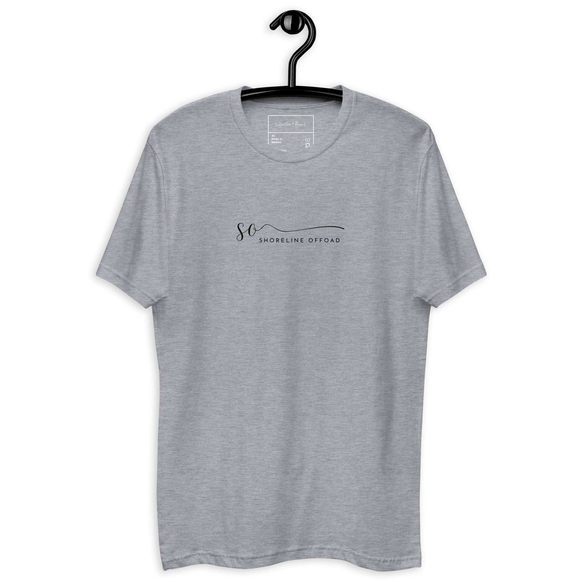 a grey t - shirt with a black hanger on it