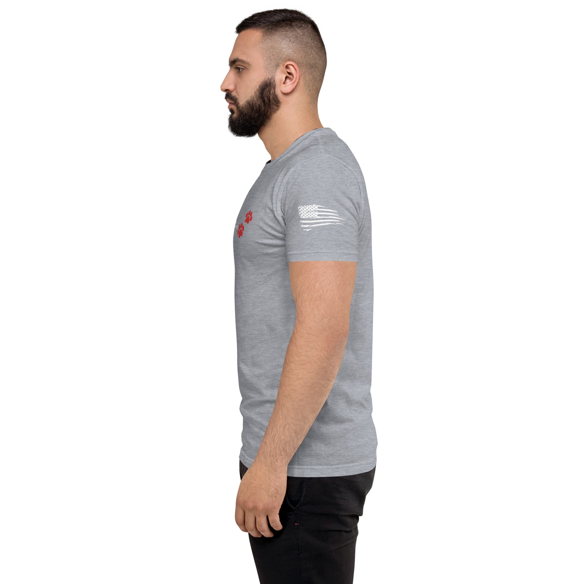 a man with a beard wearing a grey t - shirt