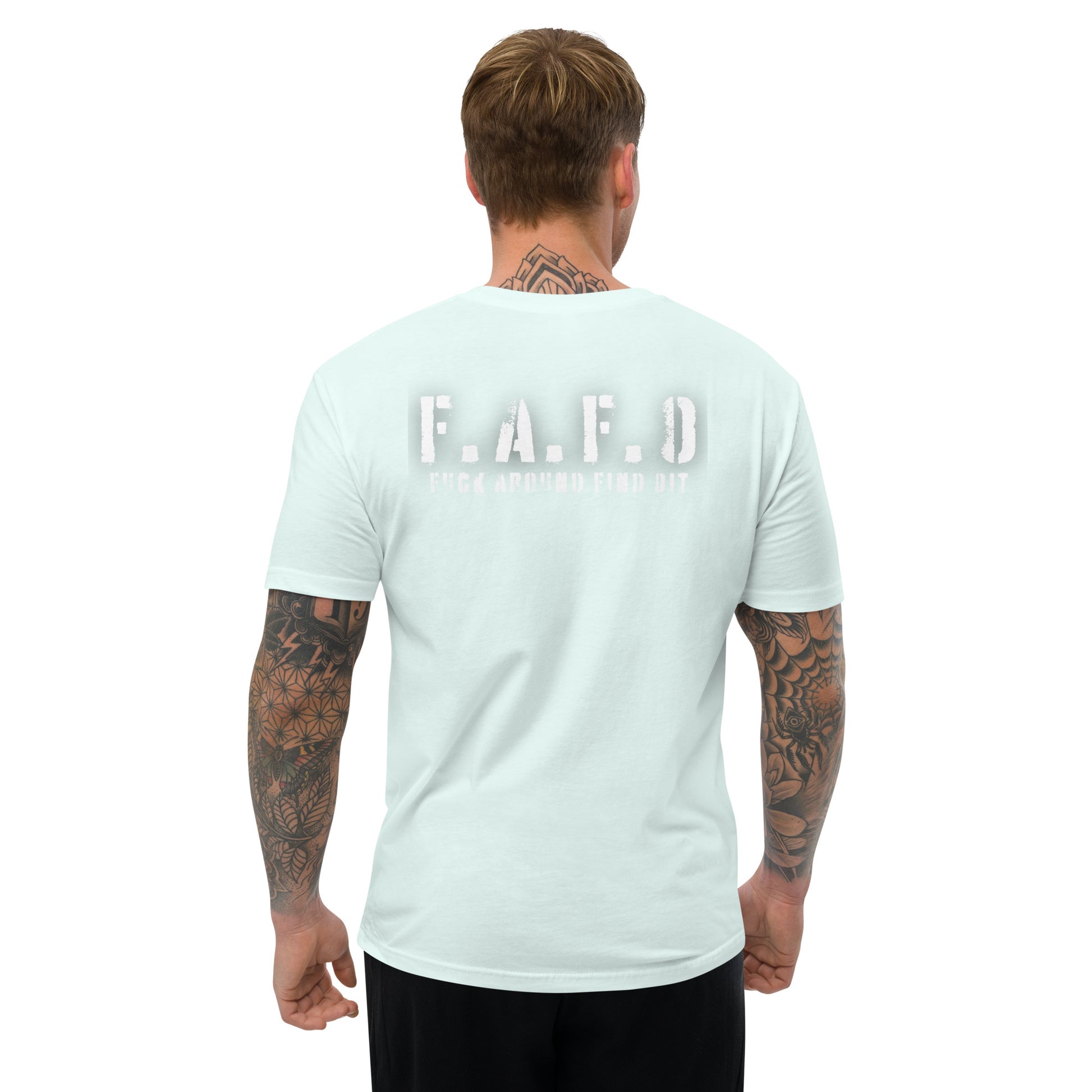 a man wearing a white t - shirt that says f a f d