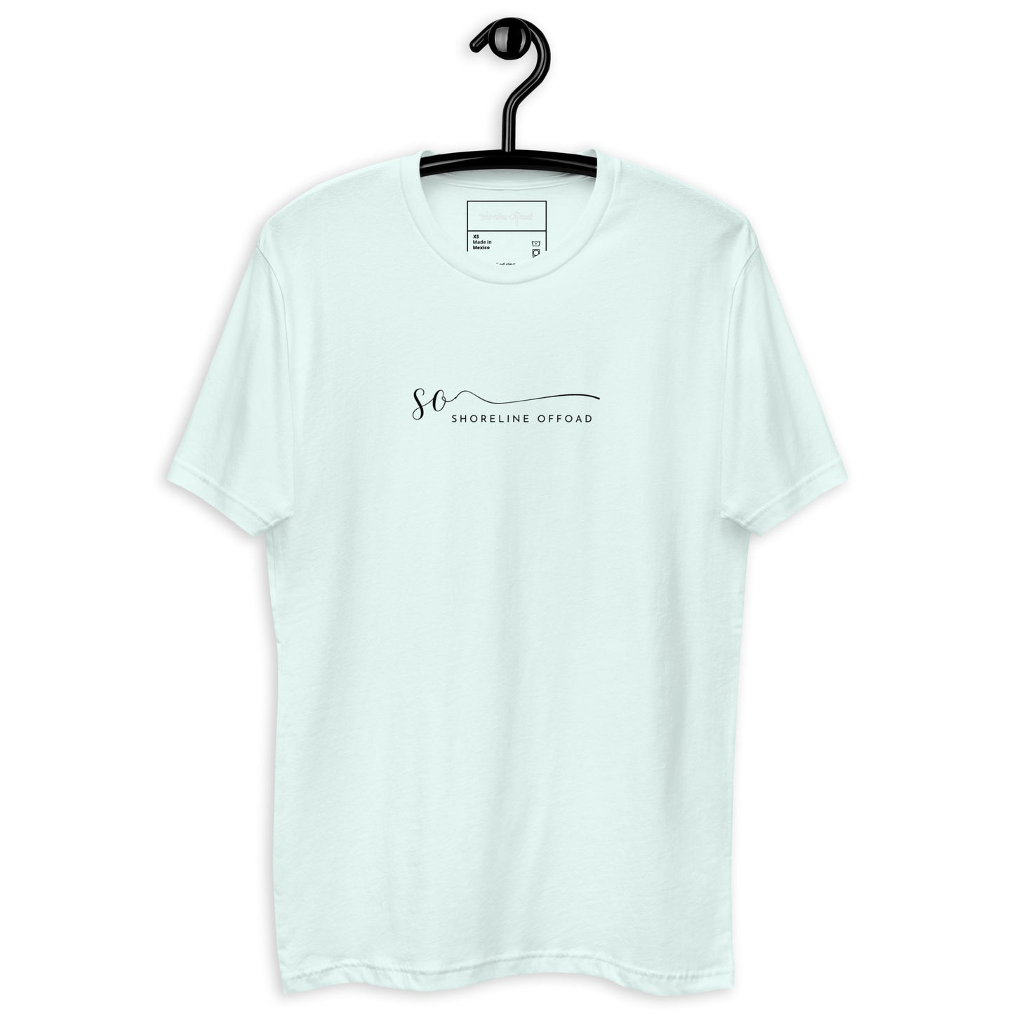 a white t - shirt hanging on a black hanger