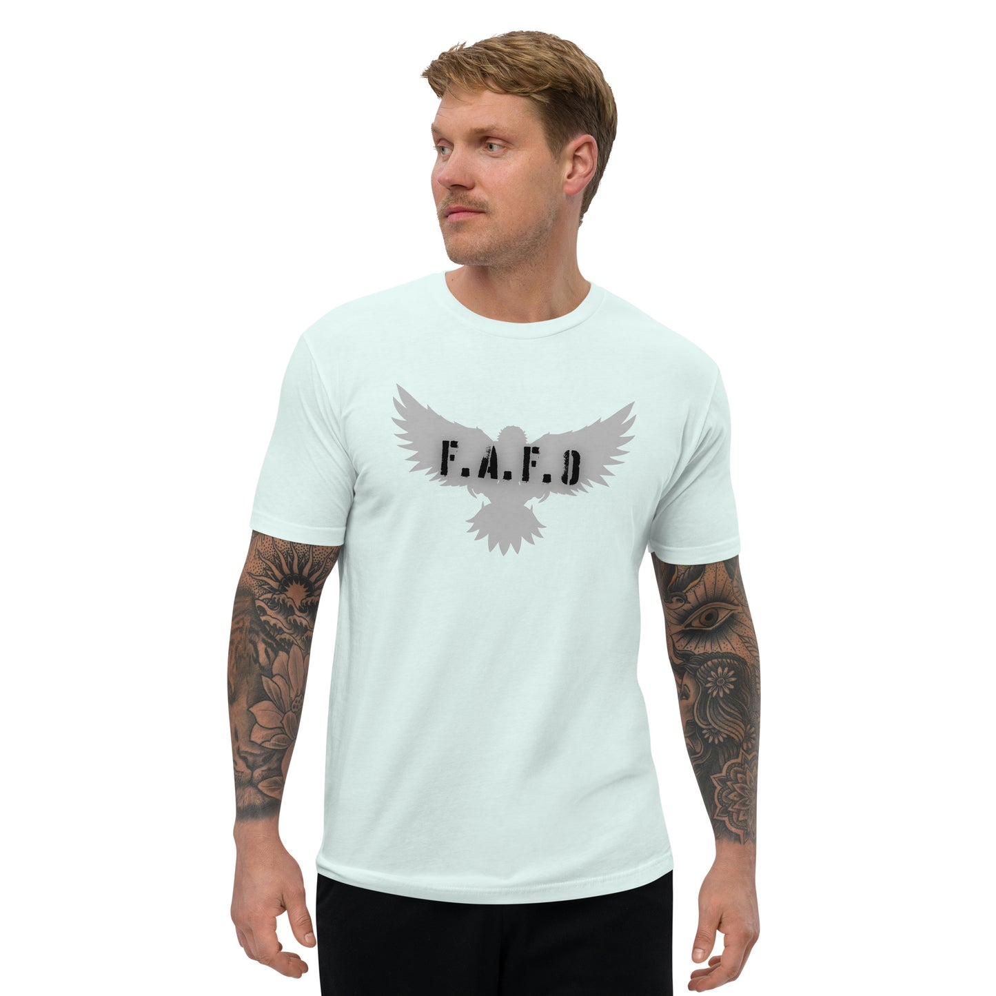 a man wearing a white t - shirt with the word fa d on it