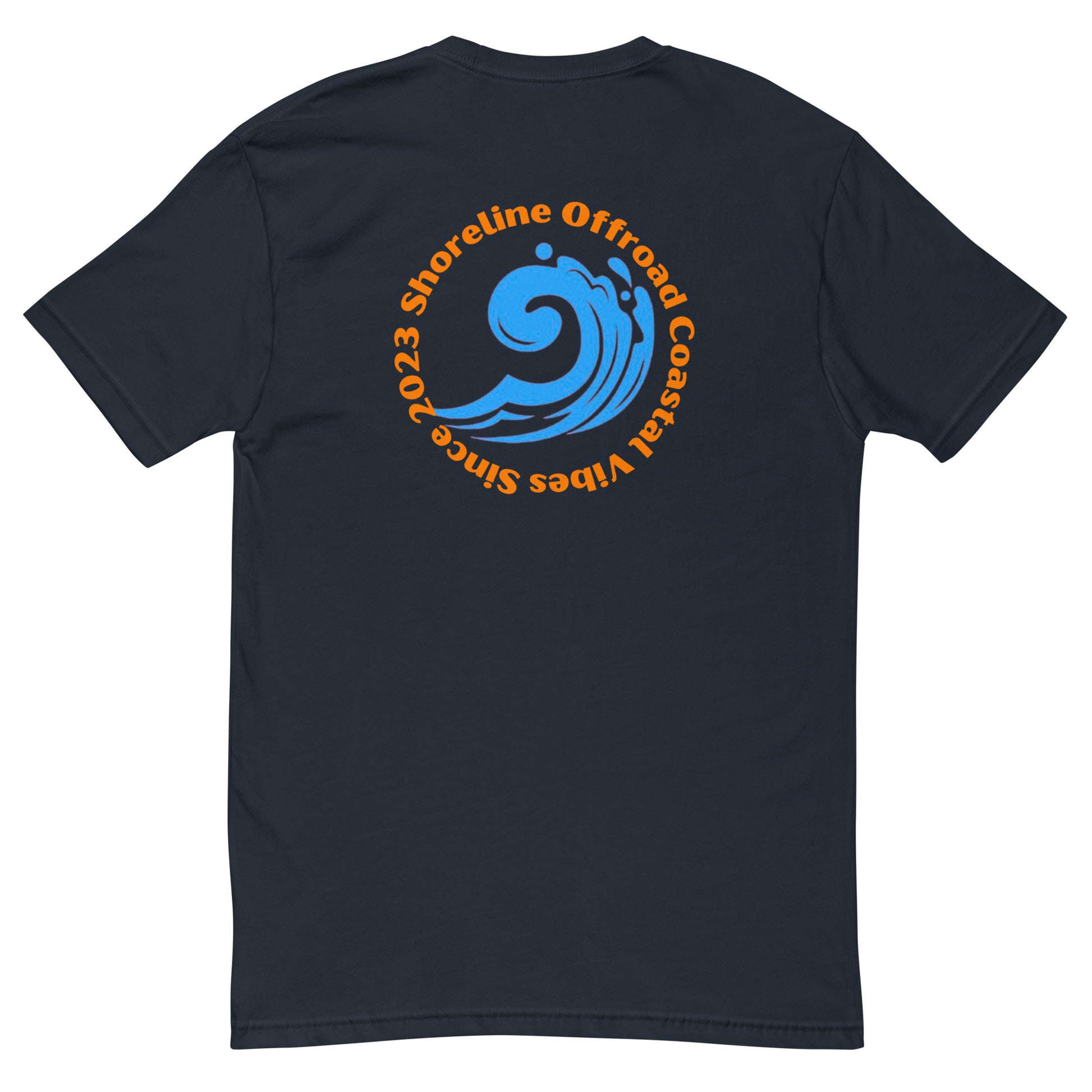 a navy t - shirt with an orange and blue logo