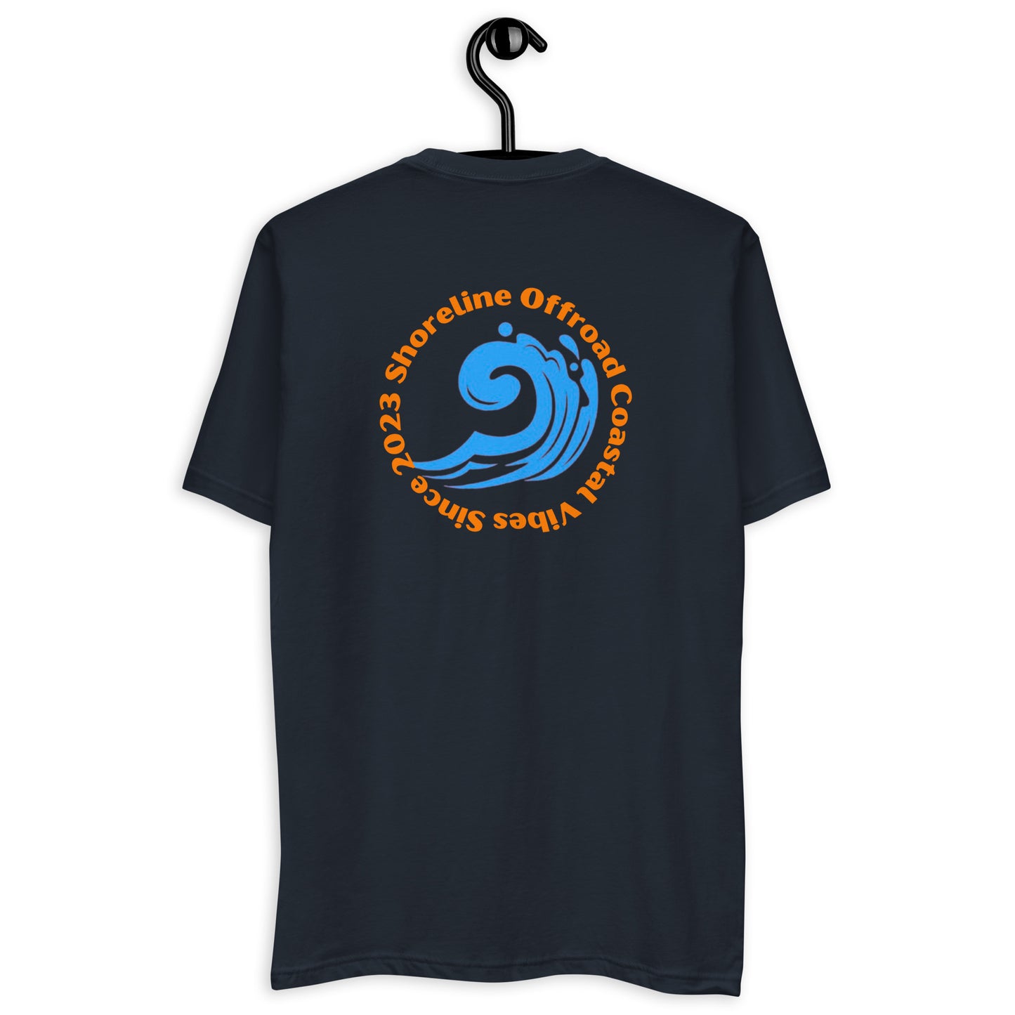 a black t - shirt with an orange and blue logo