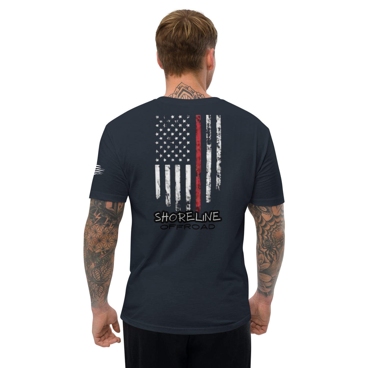 a man wearing a t - shirt with the american flag on it