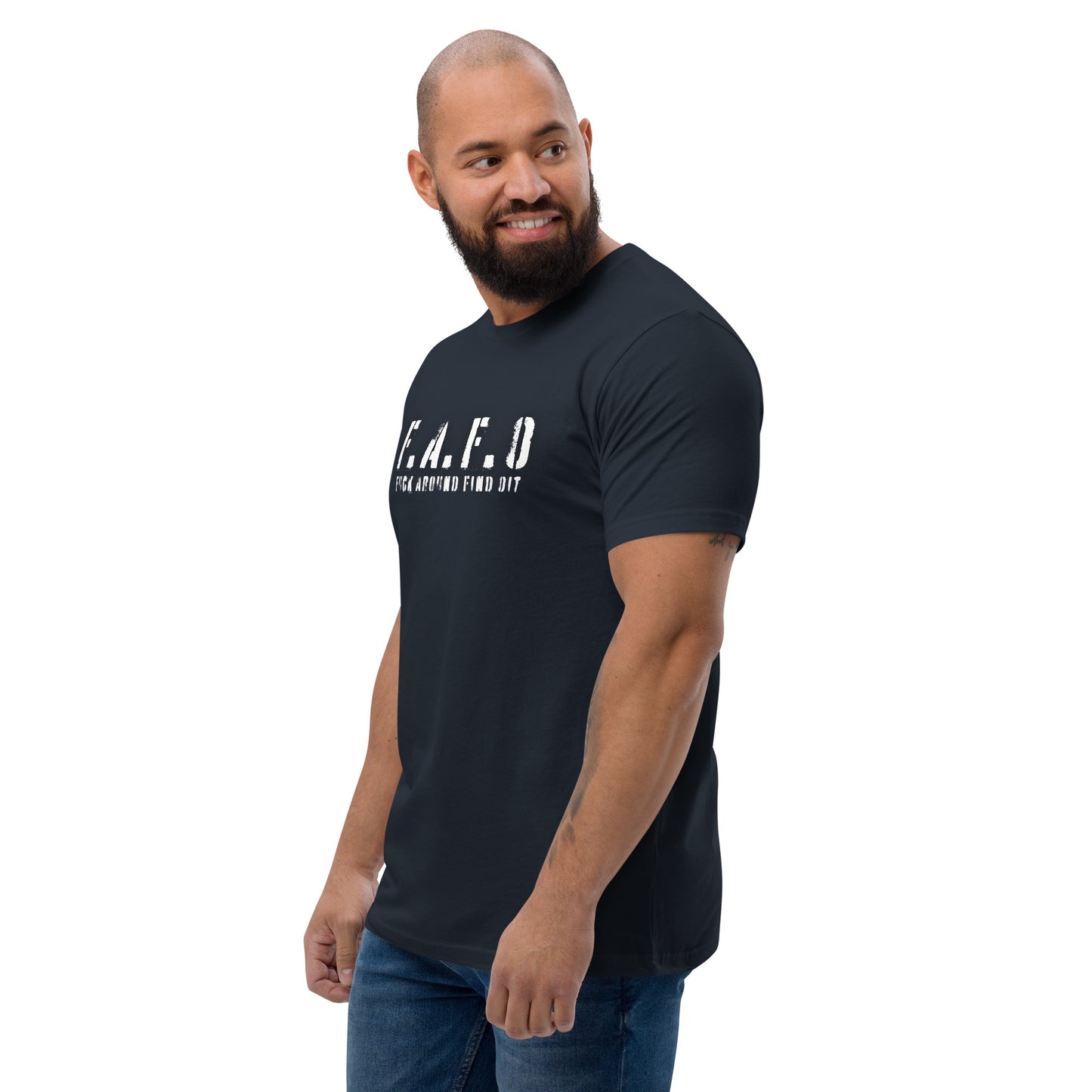 a man with a bald head wearing a black t - shirt