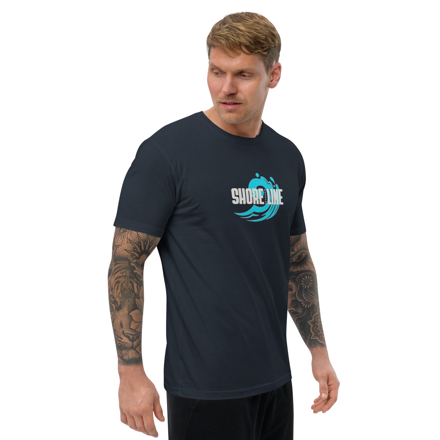 a man wearing a black shirt with the words surf me on it